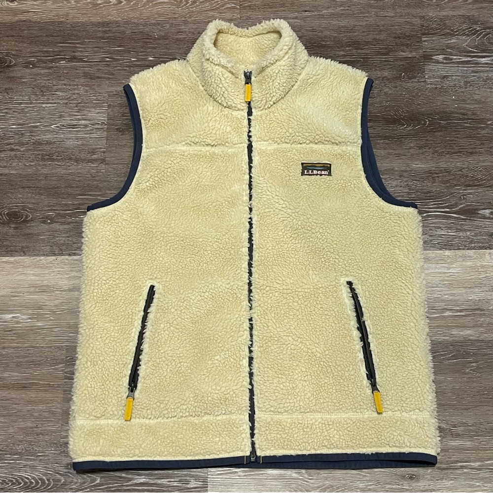 LL Bean Vest Deep Pile Sherpa Fleece Mens Large Mountain Full Zip Cream Ivory